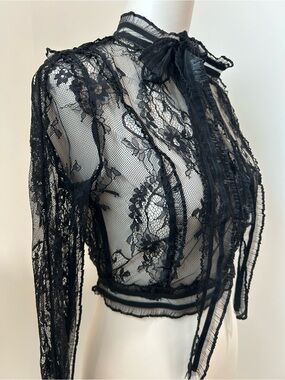 Beulah Black Sheer Lace Tie-Neck Blouse